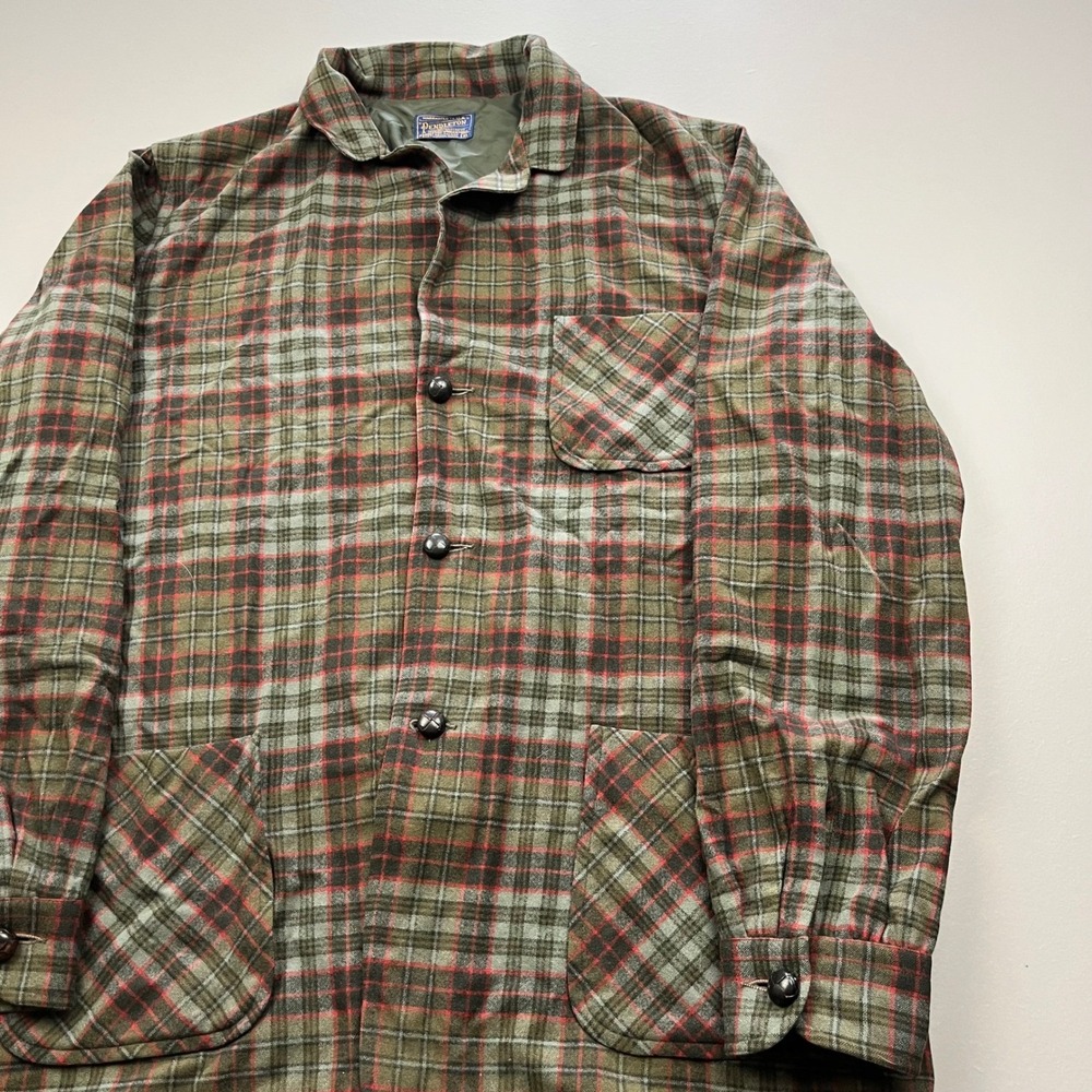 60s Pendleton Board Shirt Mens XL Green Plaid Virgin Wool VTG Button Up Jacket